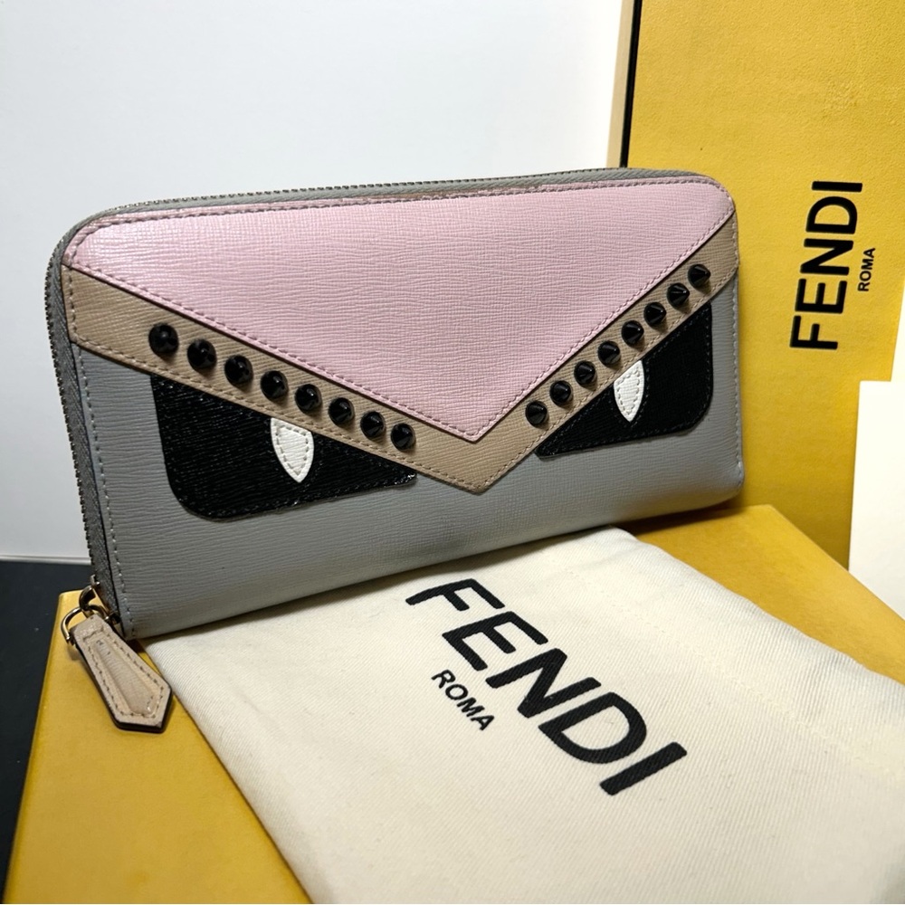 Fendi Monster Eyes Cont. Zip Around Leather Wallet Full Inclusion Pink/Gray/Stud - Picture 2 of 16